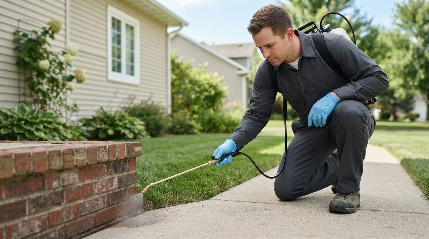 Pest control technician treating a home near Bowman, ND