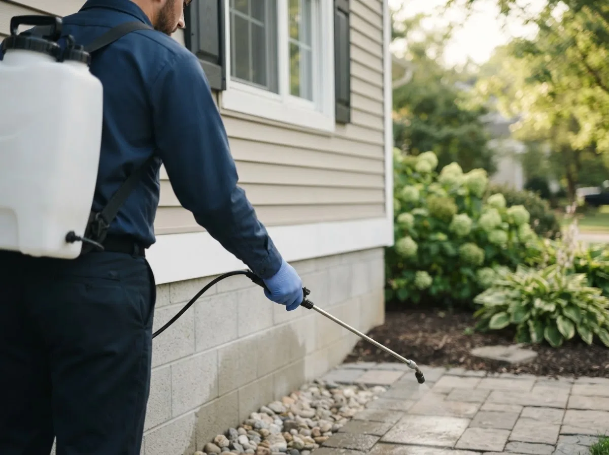 Pest control technician inspecting a home in Bowman, ND